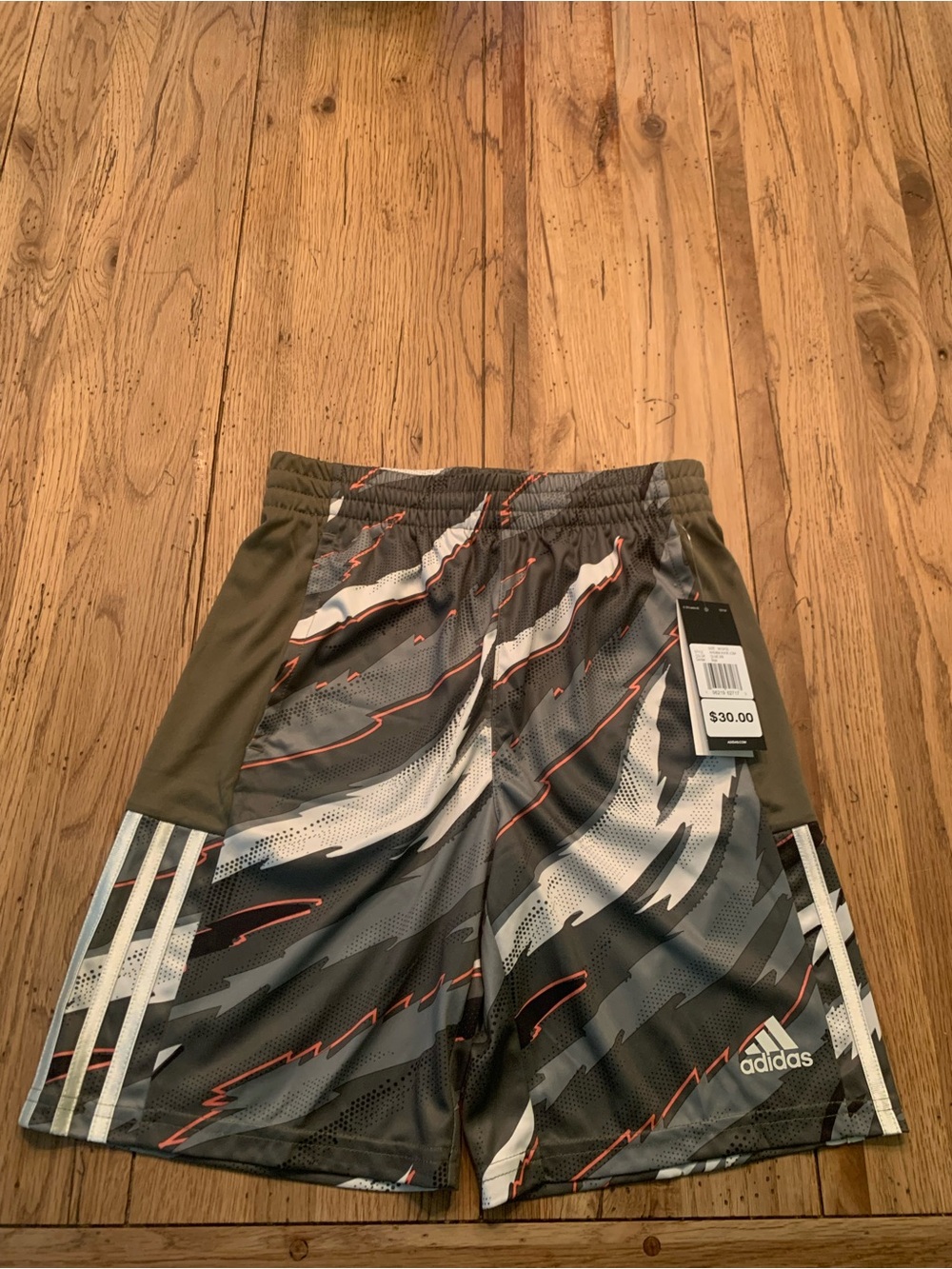 adidas Boys' Olive, Gray & White Performance Shorts with Orange Accents